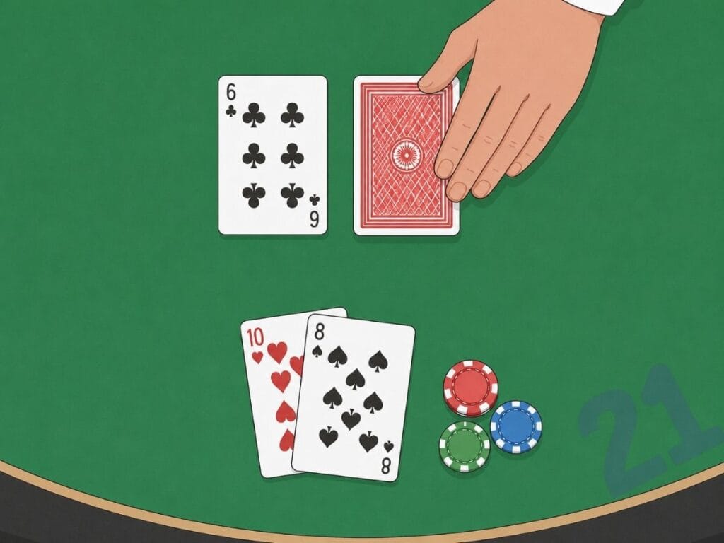 아메리칸 블랙잭에서 딜러가 공개 카드와 홀 카드를 함께 받는 모습