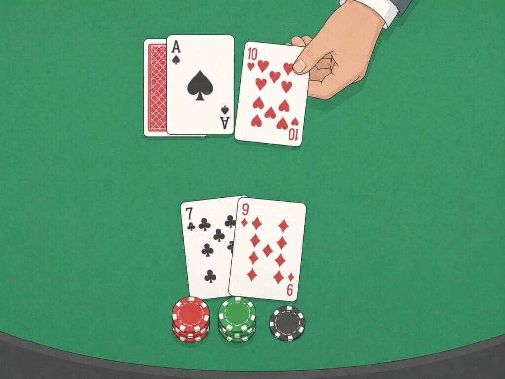 유러피언 블랙잭에서 딜러가 두 번째 카드를 받아 블랙잭을 확인하는 모습